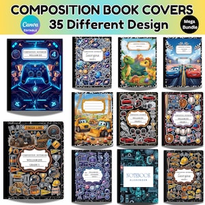 Puede incluir: Un paquete digital de 35 portadas de cuadernos editables con diversos temas gráficos, incluyendo mandos de videojuegos, espacio, dinosaurios, coches de carreras, vehículos de construcción y equipamiento deportivo con etiquetas.