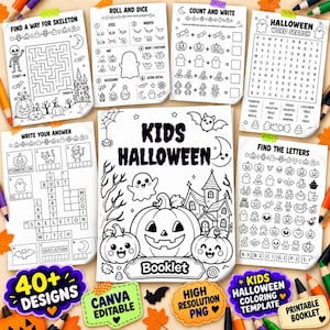 Può includere: Una raccolta di fogli di attività di Halloween in bianco e nero per bambini, tra cui un labirinto, un cruciverba, una ricerca di parole e pagine da colorare. La copertina centrale mostra una zucca, un fantasma e una casa stregata.