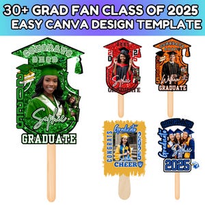 K&ouml;nnte beinhalten: Ein Satz von vier Designs f&uuml;r Graduierungsf&auml;cher mit gr&uuml;nem, rotem, blauem und gelbem Hintergrund mit Glitzerakzenten. Jeder F&auml;cher hat ein Design mit einer Graduierungskappe mit dem Jahr 2025 und dem Text "Graduate" oder "Congrats". Die F&auml;cher sind mit Fotos und Namen personalisiert.