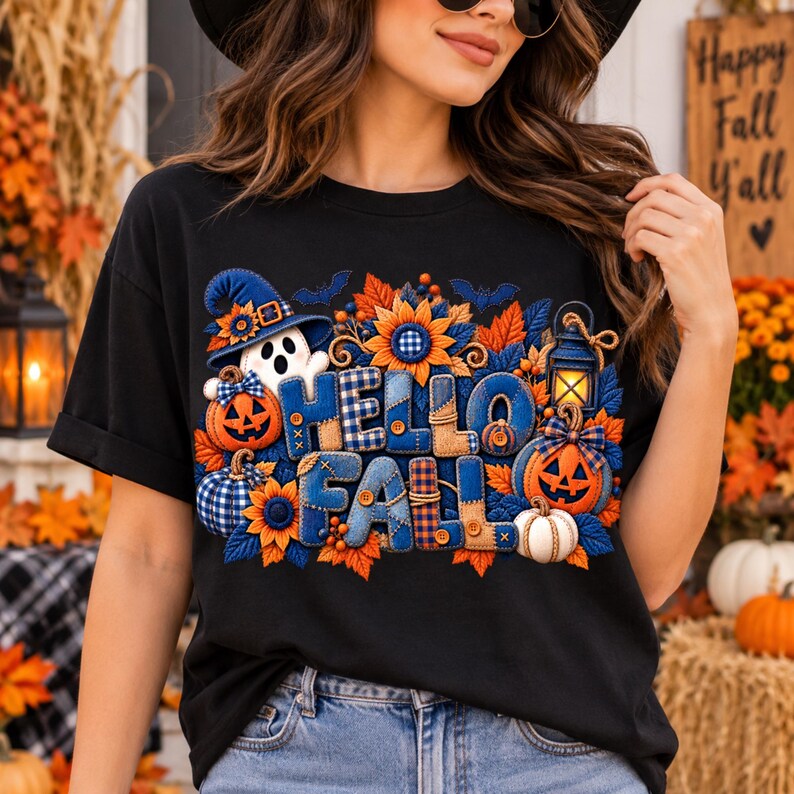 May include: A black t-shirt featuring a graphic print with the text HELLO FALL. The design includes a white ghost wearing a blue witch hat, orange jack-o'-lanterns, sunflowers, blue plaid patterns, and a glowing lantern surrounded by autumn leaves.