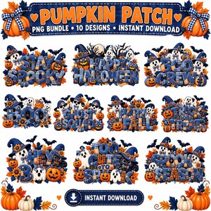 Könnte beinhalten: Eine digitale Sammlung von 10 Halloween-Designs mit blauem Karotext, Geistern, Kürbissen, Fledermäusen und Sonnenblumen. Das obere Banner zeigt PUMPKIN PATCH PNG BUNDLE 10 DESIGNS INSTANT DOWNLOAD und das untere Banner zeigt INSTANT DOWNLOAD.