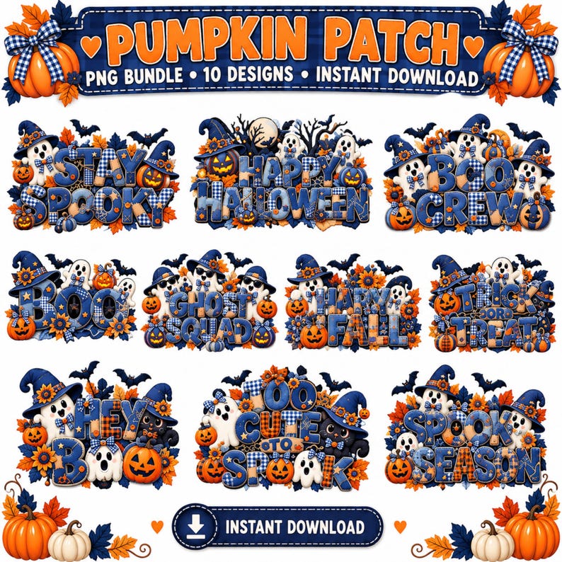 May include: A digital collection of 10 Halloween-themed designs featuring blue plaid text, ghosts, pumpkins, bats, and sunflowers. The top banner reads PUMPKIN PATCH PNG BUNDLE 10 DESIGNS INSTANT DOWNLOAD, and the bottom banner reads INSTANT DOWNLOAD.