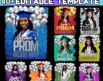 May include: A set of 10 customizable Canva templates for a prom send-off. Each template features a different color background with glitter, balloons, and a photo placeholder. The text "Sophie's Prom Send Off" is included on each template.