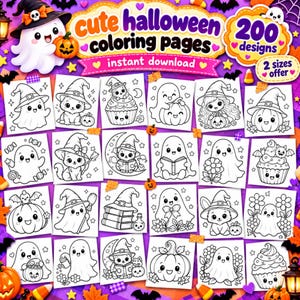 May include: A digital collection of 200 Halloween coloring pages featuring black and white line art of ghosts, pumpkins, cats, and cupcakes. The header text reads cute halloween coloring pages, 200 designs, and instant download.