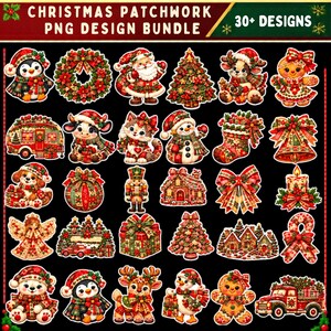 May include: A digital collection of over 30 Christmas-themed PNG designs featuring illustrations of Santa, snowmen, reindeer, penguins, gingerbread figures, decorated trees, wreaths, bells, and festive trucks in red, green, and gold colors.