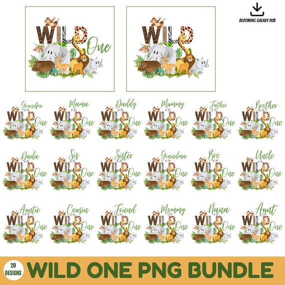Wild One 1st Birthday Safari Jungle Animals Png Bundle 20 designs, Wild One Family Matching Birthday Png T-shirt design PNG,Digital Download