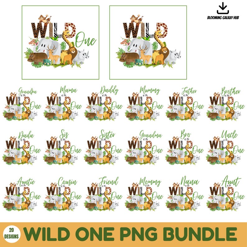 May include: A set of 20 digital designs featuring a jungle animal theme. Each design includes a wild animal, a green leafy background, and the text "Wild One" with a personalized name. The designs are perfect for creating invitations, party decorations, or personalised gifts.