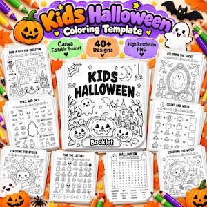 Könnte beinhalten: Ein digitales Kids Halloween Malvorlagen-Heft mit über 40 Designs. Das Cover zeigt den Text Kids Halloween Booklet mit Illustrationen von einem Geist, einer Fledermaus und Kürbissen. Enthält Seiten für Labyrinthe, Wortsuchrätsel und Zählaufgaben.