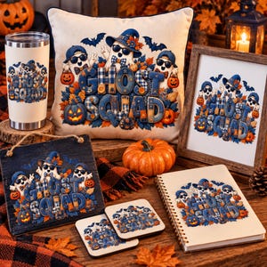 May include: A collection of Halloween-themed items featuring a Ghost Squad graphic with ghosts in blue hats and sunglasses, pumpkins, and bats. Includes a white tumbler, a square pillow, a framed print, a hanging wooden sign, two coasters, and a spiral notebook.