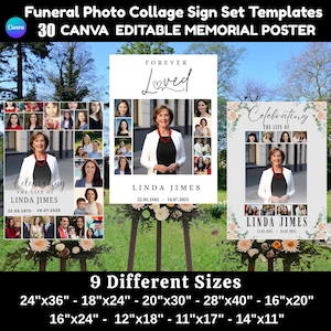 May include: A set of three memorial poster templates with the text "Funeral Photo Collage Sign Set Templates" and "30 CANVA EDITABLE MEMORIAL POSTER". Each poster features a photo collage and the name "LINDA JIMES" with dates. Available in 9 different sizes.