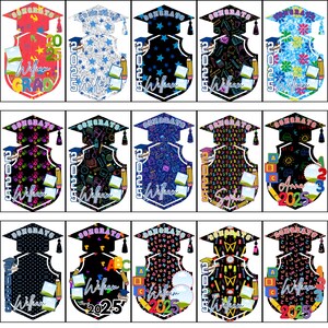 May include: A collection of graduation-themed designs featuring mortarboards and shields. Each design includes the word "Congrats", the year "2025", and a name. The shields are decorated with various patterns and colors, including stars, flowers, and school supplies.