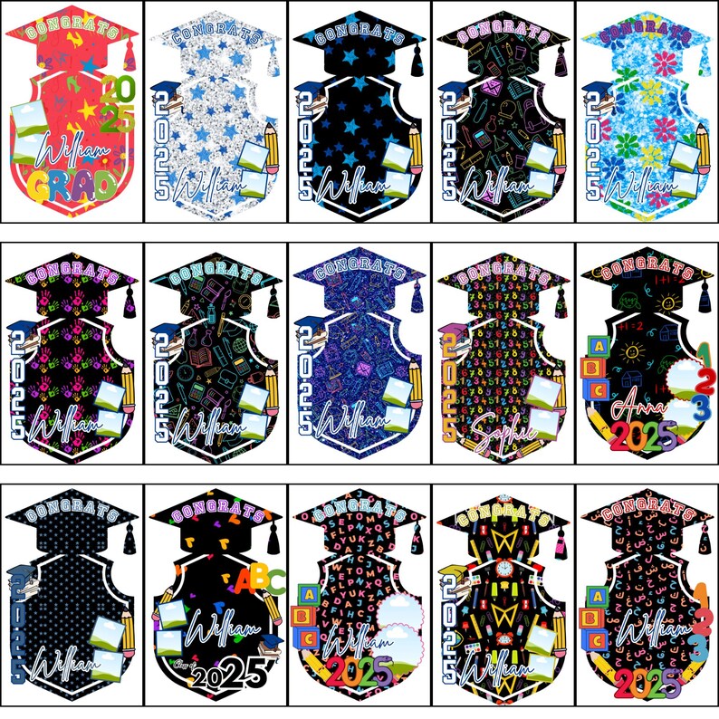 May include: A collection of graduation-themed designs featuring mortarboards and shields. Each design includes the word "Congrats", the year "2025", and a name. The shields are decorated with various patterns and colors, including stars, flowers, and school supplies.