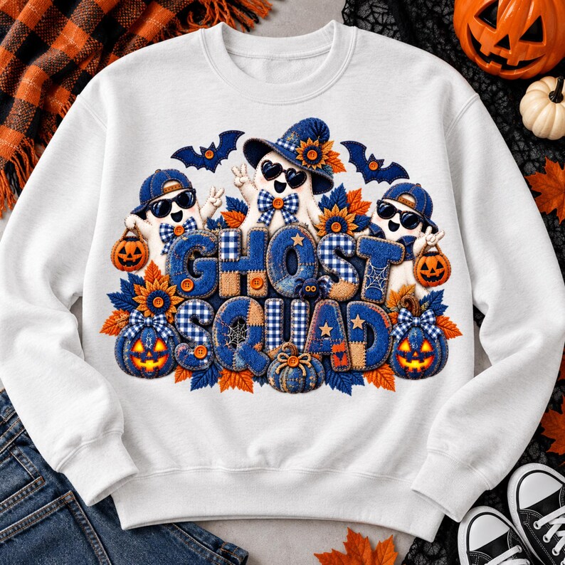 May include: A white crewneck sweatshirt featuring a graphic print of three ghosts wearing sunglasses and hats. The text GHOST SQUAD is displayed in large blue plaid letters, surrounded by orange sunflowers, blue pumpkins, and bats.