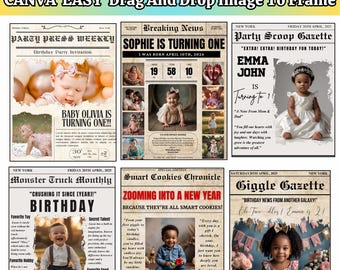 Modèle de journal d&#39;anniversaire pour enfants (plus de 30 ans) modifiable sur Canva, modèle d&#39;invitation de journal, infographie de journal avec cadre d&#39;anniversaire Canva, glisser-déposer