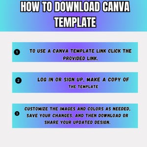 Może przedstawiać: Grafika z instrukcjami, jak pobrać szablon Canva. Tytuł brzmi "HOW TO DOWNLOAD CANVA TEMPLATE". Kroki obejmują kliknięcie linku, zalogowanie się i dostosowanie projektu. Tło to gradient niebieskiego i fioletowego.