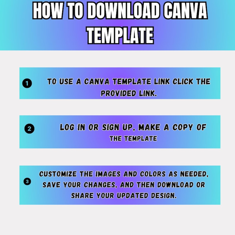 Może przedstawiać: Grafika z instrukcjami, jak pobrać szablon Canva. Tytuł brzmi "HOW TO DOWNLOAD CANVA TEMPLATE". Kroki obejmują kliknięcie linku, zalogowanie się i dostosowanie projektu. Tło to gradient niebieskiego i fioletowego.