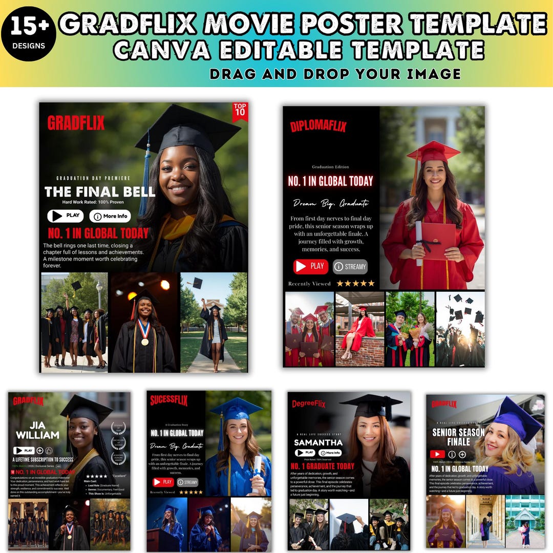 Netflix Grad Posters 15+ Gradflix Movie Poster Canva Editable Template, DIY Graduation Photo ...