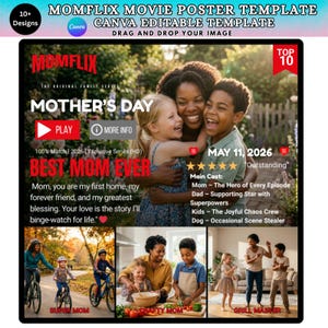 Könnte beinhalten: Ein Filmplakat-Template für "Momflix" mit dem Titel "Mother's Day" und dem Slogan "Best Mom Ever". Das Poster zeigt eine Familie, die sich umarmt, mit zusätzlichen Szenen darunter. Die Vorlage ist in Canva editierbar.