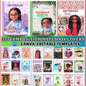 Op de afbeelding: Collectie compositie notitieboek covers met illustraties van kinderen, bloemmotieven en tekst. De notebooks bevatten namen als Sophie, Emmly en William. De afbeelding bevat ook de tekst "35+ COMPOSITION NOTEBOOK COVERS CANVA EDITABLE TEMPLATES."