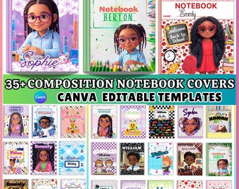 Modèles de couverture de cahier de composition Canva : plus de 35 méga-packs, couverture de cahier de composition Canva personnalisée, couverture de cahier à spirale, rentrée scolaire
