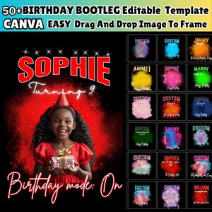 Może przedstawiać: Cyfrowy szablon urodzinowy z tekstem "50+ BIRTHDAY BOOTLEG Editable Template" i "CANVA EASY Drag And Drop Image To Frame". Obraz przedstawia dziewczynkę w czerwonej sukience, czapce urodzinowej i prezencie. Wyświetlane są dodatkowe szablony.