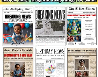 Modèle de journal d&#39;anniversaire pour enfants (plus de 30 ans) modifiable sur Canva, modèle d&#39;invitation pour premier anniversaire, infographie de journal avec cadre d&#39;anniversaire sur Canva