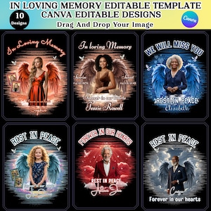 Könnte beinhalten: Eine digitale Vorlage mit 10 bearbeitbaren Gedenkdesigns. Jedes Design zeigt eine Person mit Engelsflügeln, Text wie "In Loving Memory" und "Rest in Peace" sowie Platz für Fotos und Namen. Die Designs sind in Canva anpassbar.