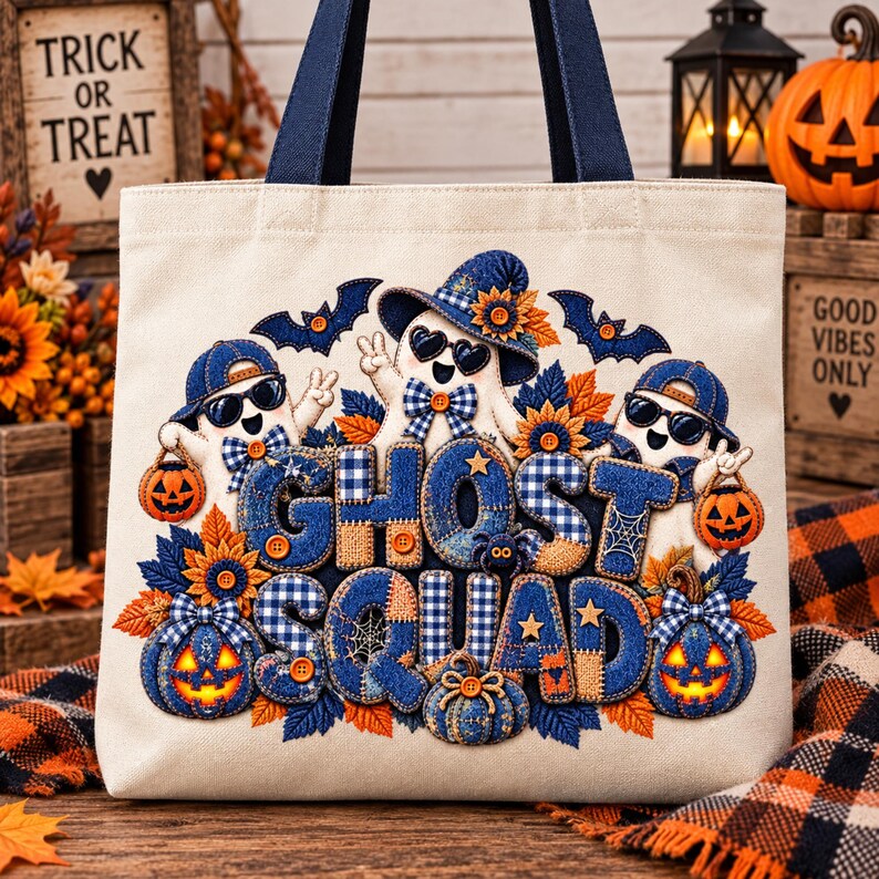 May include: A cream-colored canvas tote bag with dark blue handles featuring a graphic of three ghosts wearing sunglasses and hats. The text GHOST SQUAD is printed in blue plaid letters, surrounded by orange pumpkins, sunflowers, and bats.