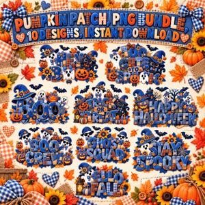 May include: A digital graphic set featuring ten Halloween-themed designs with blue plaid and orange pumpkin motifs. The text includes phrases like PUMPKIN PATCH, HEY BOO, TOO CUTE TO SPOOK, BOO, TRICK OR TREAT, HAPPY HALLOWEEN, BOO CREW, GHOST SQUAD, STAY SPOOKY, and HELLO FALL.