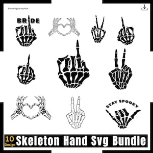 Könnte beinhalten: Ein Set mit 10 schwarzen und weißen SVG-Designs von Skeletthänden. Die Designs beinhalten eine Hand, die ein Herz formt, ein Peace-Zeichen, einen Mittelfinger und eine Hand mit einem Ring. Der Text "Stay Spooky" ist in einem der Designs enthalten.