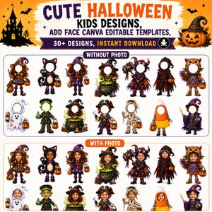 Könnte beinhalten: Eine digitale Sammlung von über 30 Halloween-Kostümvorlagen für Kinder, darunter Hexen, Geister und Monster. Das Set enthält Versionen mit und ohne Gesichtsausschnitte zur Bearbeitung in Canva, gestaltet in leuchtenden Orange- und Violetttönen.