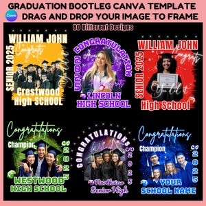Puede incluir: Una plantilla de Canva de graduación con 80 diseños. La imagen presenta varios anuncios de graduación con fotos, nombres de escuelas y los textos «Felicitaciones» y «Senior 2025». La plantilla está diseñada para una fácil personalización.