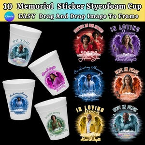 May include: Ten white styrofoam cups with memorial designs. Each cup features a different image of a person with angel wings and the phrases "Rest in Peace" and "In Loving Memory". The text "10 Memorial Sticker Styrofoam Cup" is at the top.