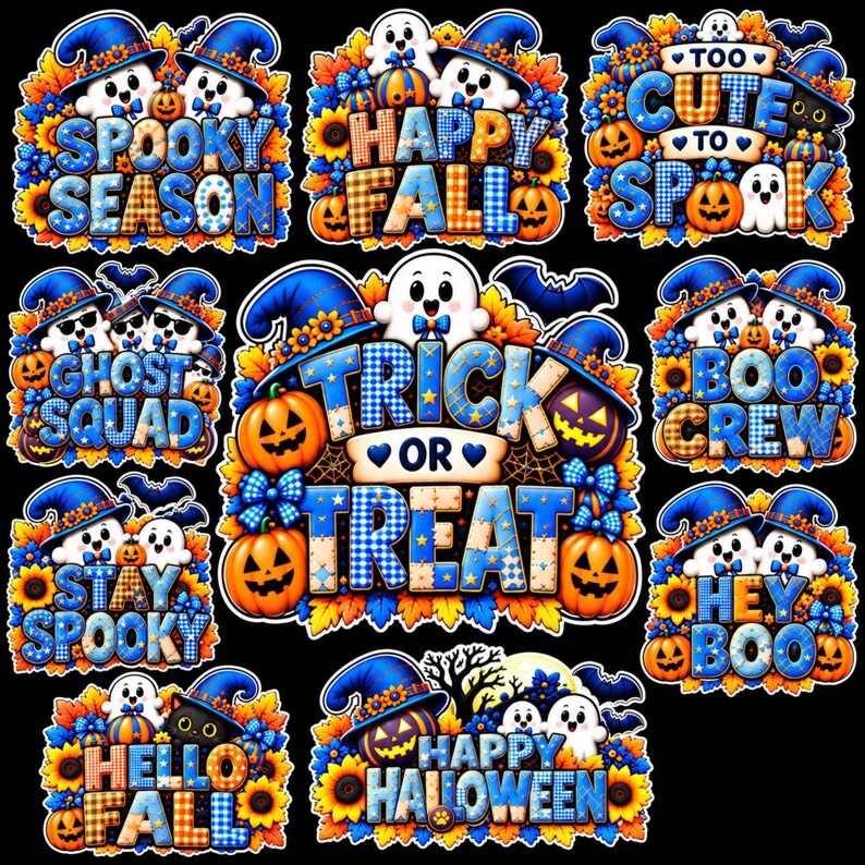 May include: A collection of ten Halloween-themed stickers featuring white ghosts, orange pumpkins, and blue witch hats. The designs include text such as Spooky Season, Happy Fall, Too Cute To Spook, Ghost Squad, Trick Or Treat, Boo Crew, Stay Spooky, Hey Boo, Hello Fall, and Happy Halloween.
