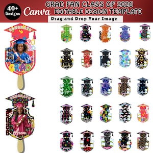 Könnte beinhalten: Eine Sammlung von Abschlussfächer-Designs mit dem Text "GRAD FAN CLASS OF 2026 EDITABLE DESIGN TEMPLATE". Die Fächer zeigen Abschlusskappen, Fotos und das Wort "CONGRATS". Die Designs sind farbenfroh und beinhalten das Jahr 2026.