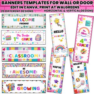 Könnte beinhalten: Eine Sammlung von zwanzig horizontalen und vertikalen Bannervorlagen für Wände oder Türen mit bunten schulbezogenen Grafiken wie Regenbögen, Sternen und Schreibwaren. Der Text enthält Phrasen wie Welcome Friends, 1st Grade, Our Happy Classroom, Be Awesome, Keep Growing, Hello Friends, You've Got This und Believe In Yourself.
