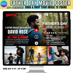 May include: A computer monitor displays a Father's Day movie poster template. The poster features a photo of a father and child, with text that reads "Father's Day May 11, 2025." Additional images show a father fishing, cycling, and painting with a child. The template is available in 8.5" x 11" and 10" x 8" sizes.
