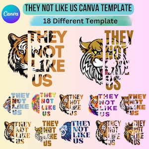 Könnte beinhalten: 18 verschiedene Grafikdesigns mit einem Tigerkopf und dem Text "THEY NOT LIKE US" in verschiedenen Farben und Stilen.