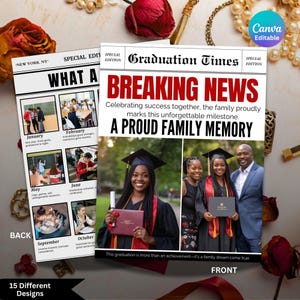 Graduation Newspaper 2026 Canva Editable Template, Custom Grad Gifts, Graduation Invite Announcement Flyer,Set of 15 Design Digital Download