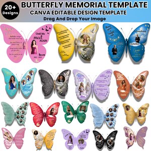 Peut inclure: Une collection numérique de plus de 20 modèles commémoratifs en forme de papillon pour Canva, avec du texte personnalisable, des emplacements photo et divers coloris dont rose, bleu, jaune et noir, avec le texte BUTTERFLY MEMORIAL TEMPLATE.