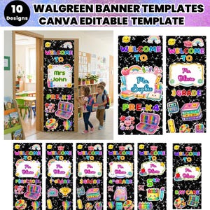 Könnte beinhalten: Ein Set aus 10 digitalen Bannervorlagen für Klassenzimmertüren mit schwarzem Hintergrund, weißen Sprenkeln und bunten Grafiken von Schulmaterialien. Die Designs enthalten Texte wie Welcome To, Pre-K3, Pre-K4, 3 Grade und Day Care.