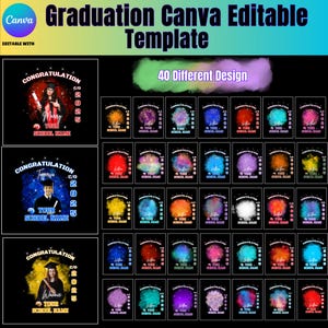 May include: A Canva template for graduation announcements. The design features three sample announcements with graduates and the text "Congratulations." The template includes 40 different designs with colorful backgrounds and customizable text fields for the graduate's name and school.