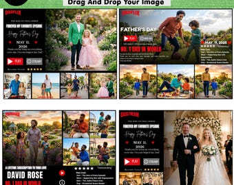 May include: A Canva editable template for Father's Day movie posters. The design includes multiple layouts with family photos, text, and graphics. The posters feature the text "Happy Father's Day" and "No. 1 Dad in World."