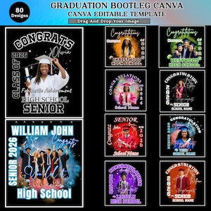 Puede incluir: Una plantilla digital para anuncios de graduación. El diseño presenta múltiples ejemplos con fotos, el año 2026 y las palabras "Felicitaciones", "Escuela Secundaria" y "Senior". La plantilla es editable y permite a los usuarios arrastrar y soltar sus propias imágenes.