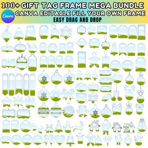Könnte beinhalten: Eine Sammlung von über 100 Geschenk-Anhänger-Rahmen in verschiedenen Formen, darunter Anhänger, Ornamente und weihnachtliche Designs. Die Anhänger sind transparent mit einem grünen und blauen Farbschema. Der Text "100+ GIFT TAG FRAME MEGA BUNDLE" ist oben zu sehen.