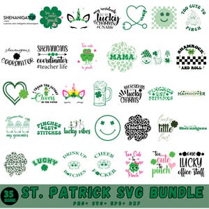 Könnte beinhalten: Ein Set mit 35 SVG-Designs zum Thema St. Patrick's Day mit verschiedenen grünen Kleeblatt-Designs, Kobolden und Sprüchen wie "Zu süß zum Kneifen", "Glückliche Vibes" und "Trinkt, Freunde".