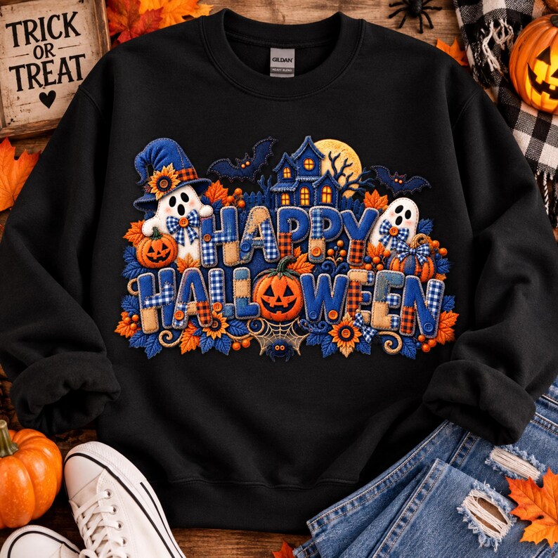 May include: A black crewneck sweatshirt featuring a graphic print with the text "HAPPY HALLOWEEN" in blue and tan plaid letters. The design includes ghosts, pumpkins, a haunted house, bats, sunflowers, and a spider web on a dark background.
