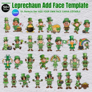 Actividad para añadir caras de duende del Día de San Patricio, decoración para tablón de anuncios en Canva (PDF editable), más de 50 recortes divertidos de caras de San Patricio, regalo para niños.