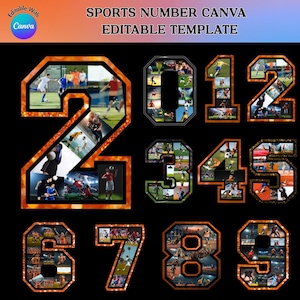 Sports Number Photo Collage, Editable Canva Template Drag And Drop Your Photos (Digital Download) ,