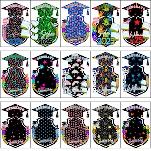 May include: A collection of graduation-themed designs featuring mortarboards and shields. Each design includes the word "Congrats", the year "2025", and space for a name. The shields have various patterns, including stars, letters, and handprints.